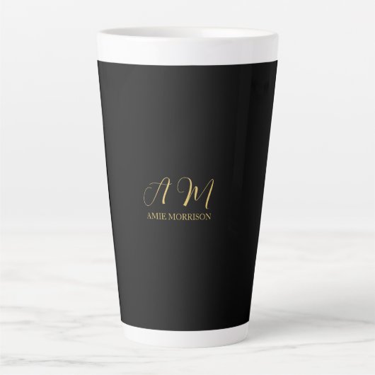 Zwart Goud Kleuren Monogram Initiaal Letternaam Latte Mok (Voorkant)