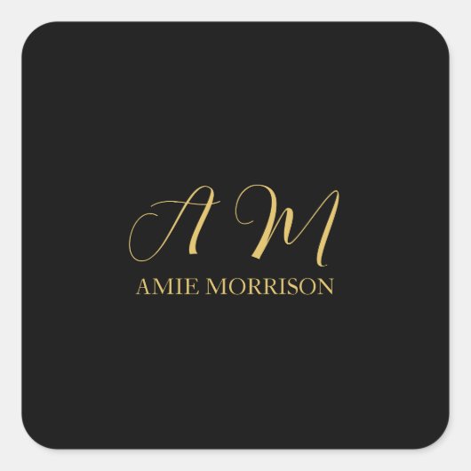 Zwart Goud Kleuren Monogram Initiaal Letternaam Vierkante Sticker (Voorkant)