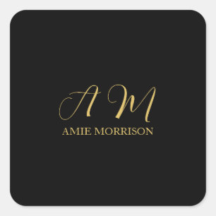 Zwart Goud Kleuren Monogram Initiaal Letternaam Vierkante Sticker