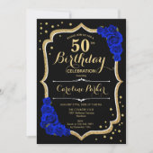 Zwart Goud Koninklijk Blauw Foto 50e Verjaardag Kaart (Voorkant)