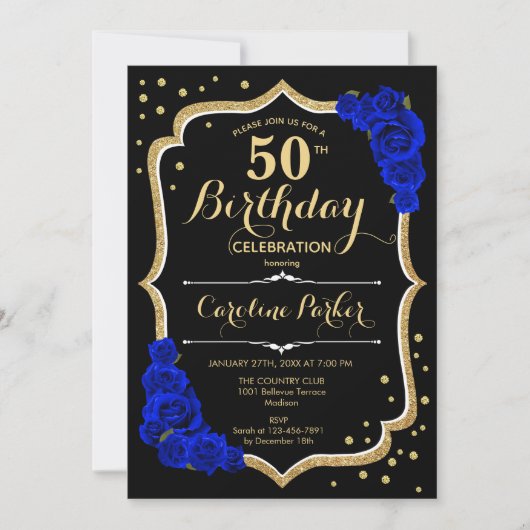 Zwart Goud Koninklijk Blauw Foto 50e Verjaardag Kaart (Voorkant)
