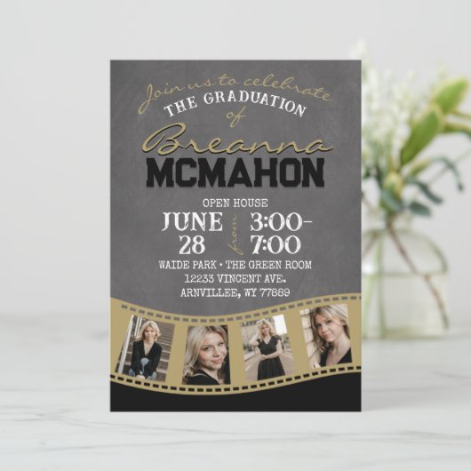 Zwart & Goud Krijtbord Filmstrip Afstuderen Kaart (Staand voorkant)