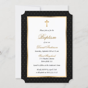 Zwart Goud Kruis Polka Dots Elegant Script Doop Kaart