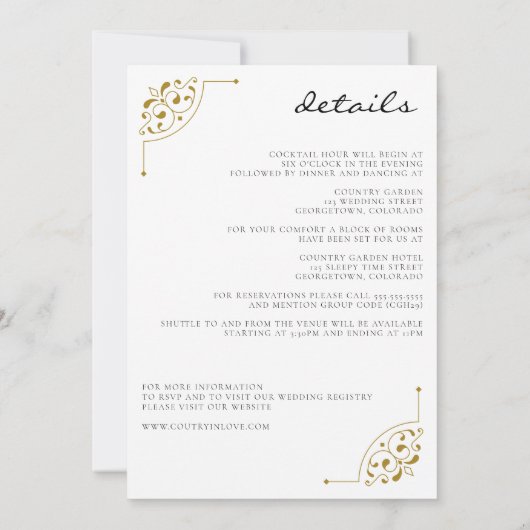 Zwart & Goud Land Bruiloft met Details Kaart (Achterkant)