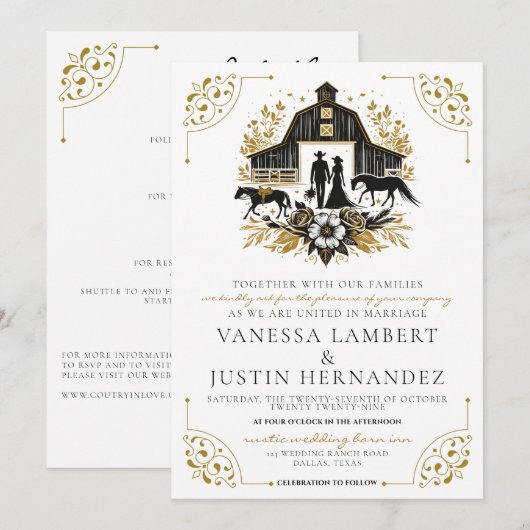 Zwart & Goud Land Bruiloft met Details Kaart (Voorkant / Achterkant)