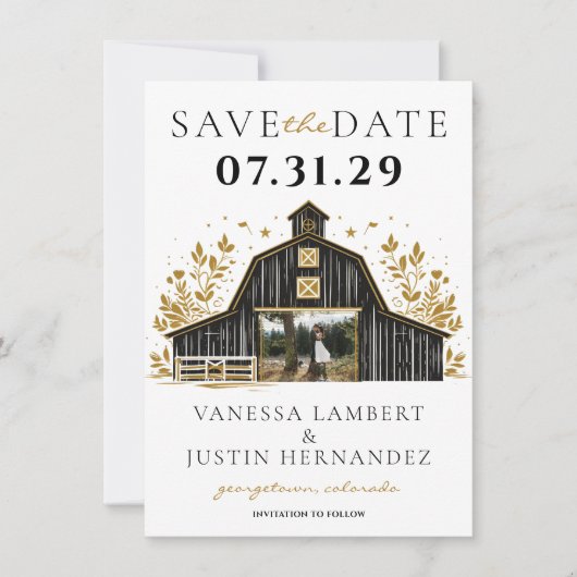 Zwart & Goud Land Bruiloft Save The Date (Voorkant)