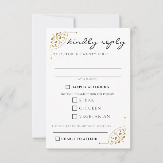 Zwart & Goud Land Bruiloft Voedsel Keuzen RSVP Kaartje (Voorkant)