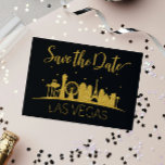 Zwart Goud Las Vegas Strip Bruiloft Save The Date Aankondigingskaart<br><div class="desc">Laat je gasten reikhalzend uitkijken naar hun uitnodiging met dit leuke Las Vegas strip silhouet zwart en gouden bruiloft Save the Date briefkaart.</div>