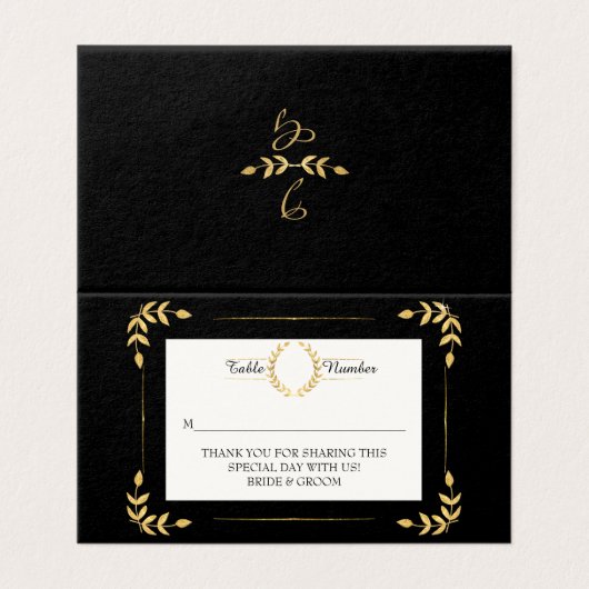 Zwart Goud Laurel Leaf Krans Moderne Plaats Kaart (Buitenkant ongevouwen)