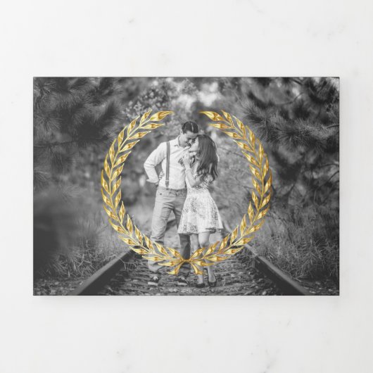 Zwart Goud Laurel Minimale Alles in Een Bruiloft Drieluik Uitnodiging (Cover)