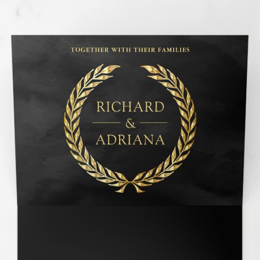 Zwart Goud Laurel Minimale Alles in Een Bruiloft Drieluik Uitnodiging (Binnenzijde eerst)