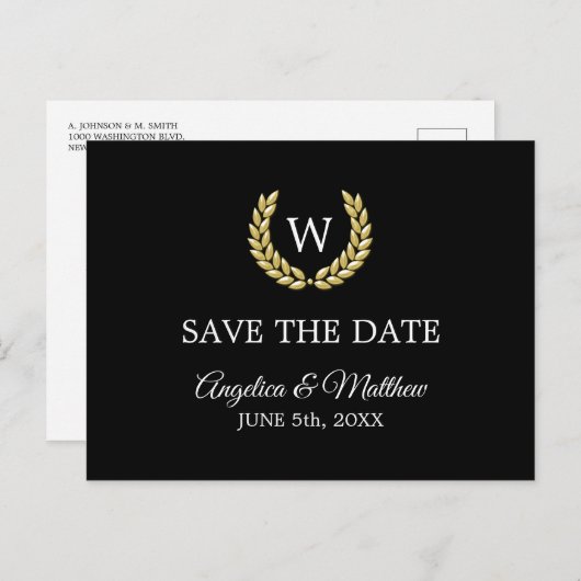 Zwart Goud Laurel Monogram SAVE THE DATE Wedding Aankondigingskaart (Voorkant / Achterkant)