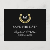 Zwart Goud Laurel Monogram SAVE THE DATE Wedding Aankondigingskaart (Voorkant)