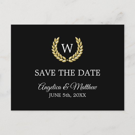 Zwart Goud Laurel Monogram SAVE THE DATE Wedding Aankondigingskaart (Voorkant)