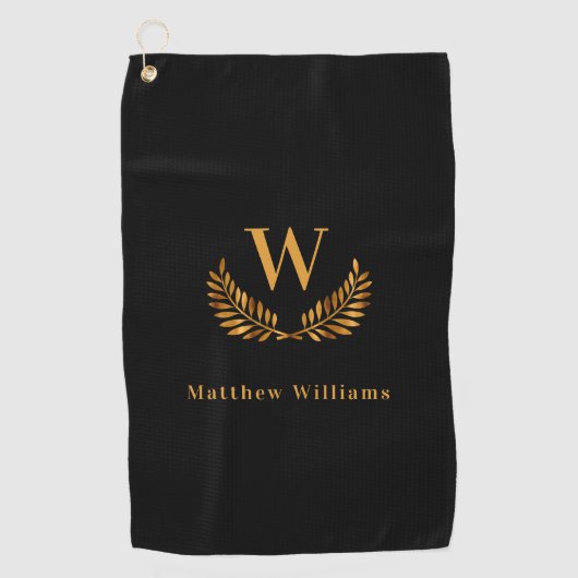 Zwart goud laurier naam monogram golfhanddoek (Voorkant)