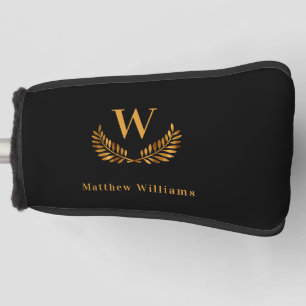 Zwart goud laurier naam monogram golfheadcover