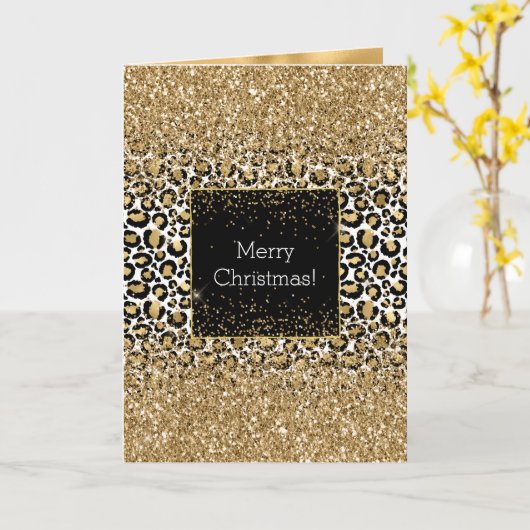Zwart Goud Leopard Print Glitzy Kaart (Gele Bloem)