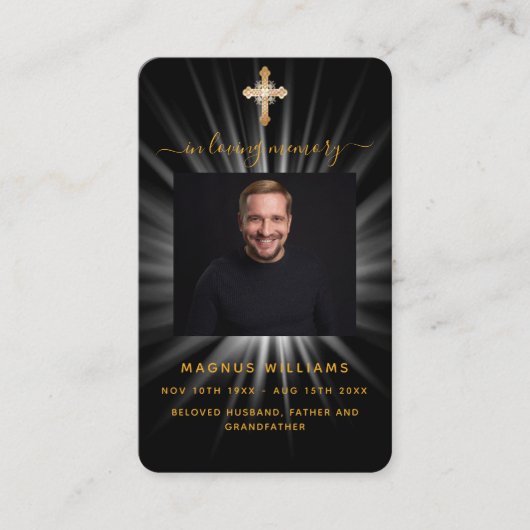 Zwart goud licht foto kruis begrafenis gebedskaart visitekaartje (Voorkant)