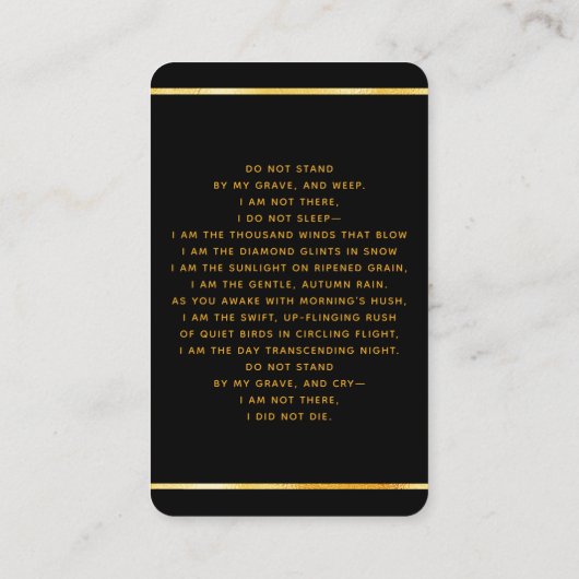 Zwart goud licht foto kruis begrafenis gebedskaart visitekaartje (Achterkant)