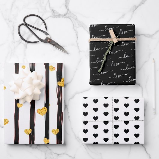 Zwart & Goud Liefdesharten Valentijnse  Inpakpapier Vel (Voorkant)