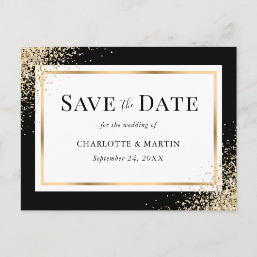Zwart Goud Lijst Confetti Wedding Save The Date Aankondigingskaart (Voorkant)