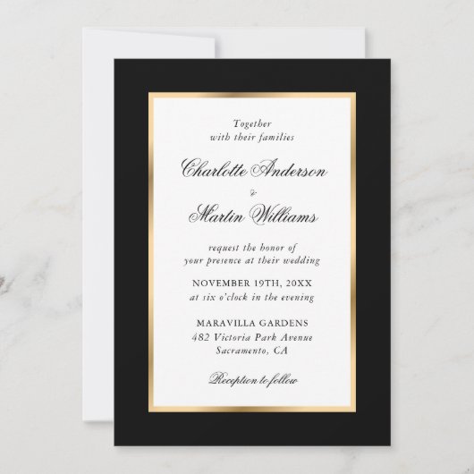 Zwart Goud Lijst Elegant Script Wedding Kaart (Voorkant)