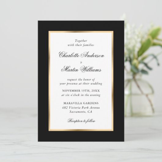 Zwart Goud Lijst Elegant Script Wedding Kaart (Staand voorkant)