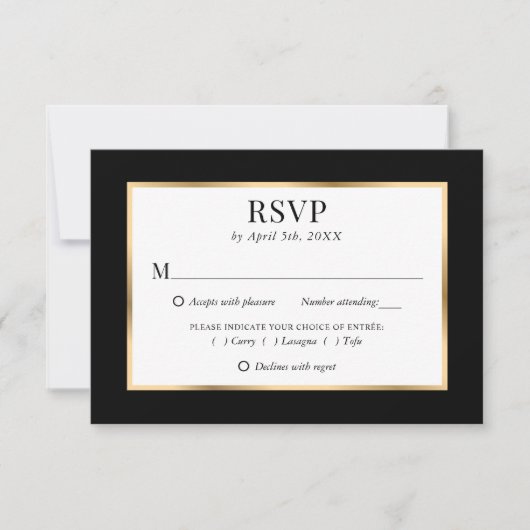 Zwart Goud Lijst Elegante Trouwmaaltijd Keuze RSVP Kaartje (Voorkant)