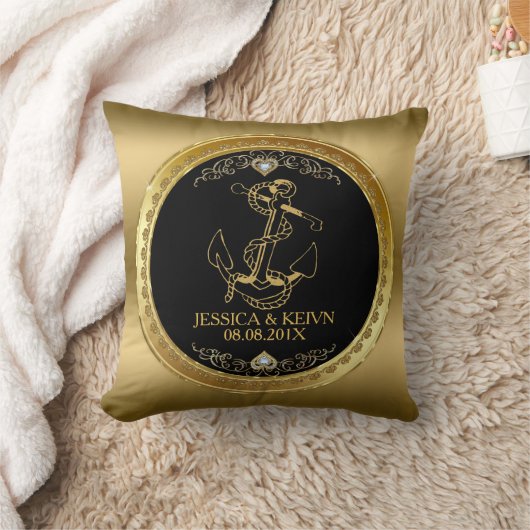 Zwart & Goud Lijst & Nautische Bootanker Kussen (Deken)