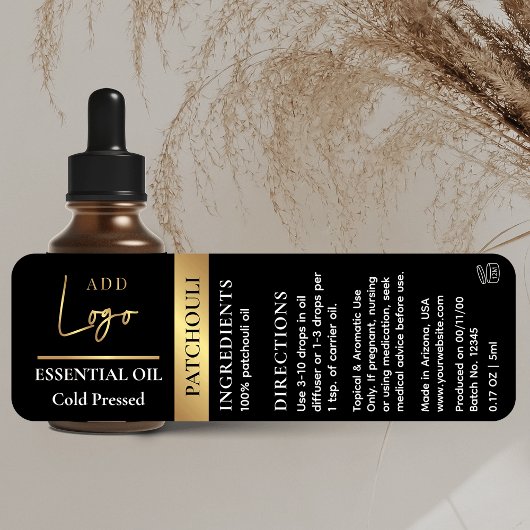 Zwart & Goud Logo Essential Olie Fles Waterdicht Labels