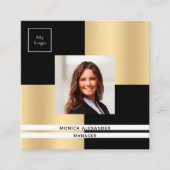 Zwart goud logo foto QR-code Vierkante Visitekaartje (Voorkant)