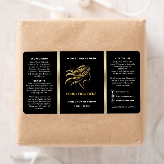 Zwart & Goud Logo Haarolie Fles met Pipet Etiket (Insitu)