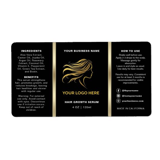 Zwart & Goud Logo Haarolie Fles met Pipet Etiket (Voorkant)
