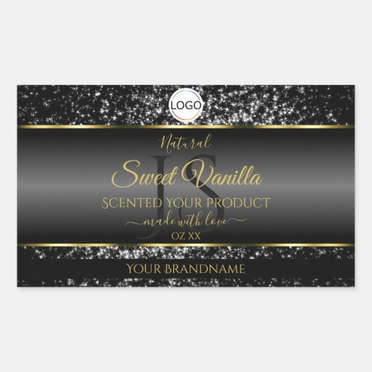 Zwart Goud Logo Initialen Glitter Product Labels (Voorkant)