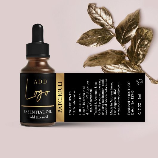 Zwart & Goud Logo Kosmetische Etherische Oliefles Etiket