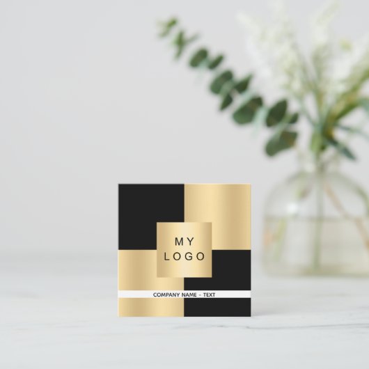 Zwart goud logo moderne elegante QR-code Vierkante Visitekaartje (Staand voorkant)