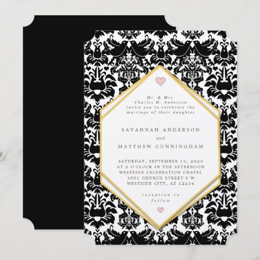 Zwart & Goud LoveBird  Damask Wedding Kaart (Voorkant / Achterkant)