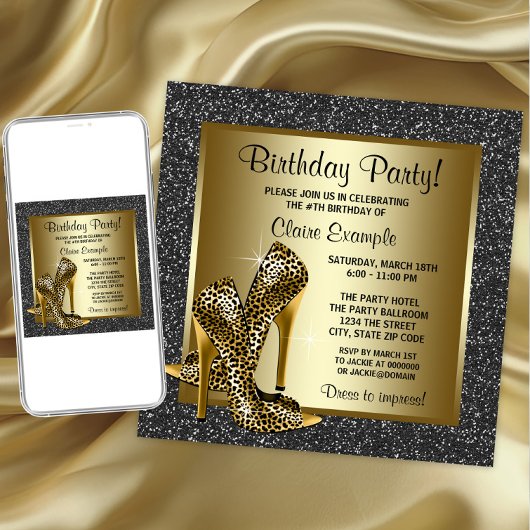 Zwart Goud Luipaard Hoge hak Verjaardagsfeest Kaart