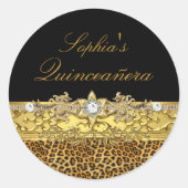 Zwart & Goud Luipaard Quinceanera Sticker (Voorkant)