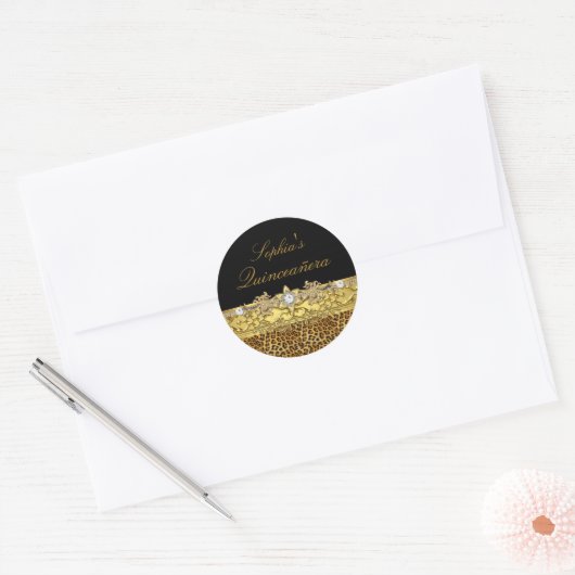 Zwart & Goud Luipaard Quinceanera Sticker (Envelop)