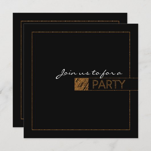 Zwart & Goud Lux Glitter Elegante PARTY Uitnodigin Kaart (Voorkant / Achterkant)