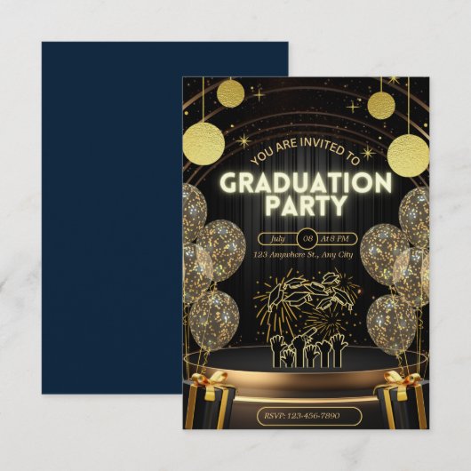 Zwart & Goud Luxe Afstuderen Uitnodigingsfeest Kaart (Voorkant / Achterkant)