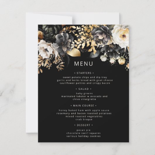 Zwart Goud Luxe Bloemen Bruiloft Menu Kaart (Voorkant)