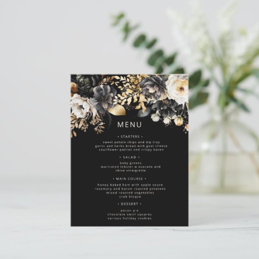 Zwart Goud Luxe Bloemen Bruiloft Menu Kaart (Staand voorkant)