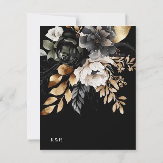 Zwart Goud Luxe Bloemen Bruiloft Menu Kaart (Achterkant)