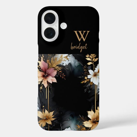 Zwart & Goud Luxe Bloemen Marmeren Swirl Case-Mate iPhone Case (Achterkant)