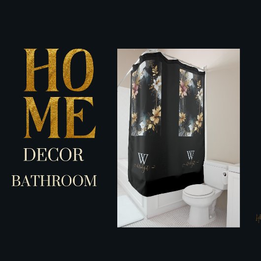 Zwart & Goud Luxe Bloemen Marmeren Swirl Douchegordijn