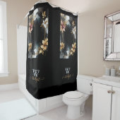 Zwart & Goud Luxe Bloemen Marmeren Swirl Douchegordijn (In situ)