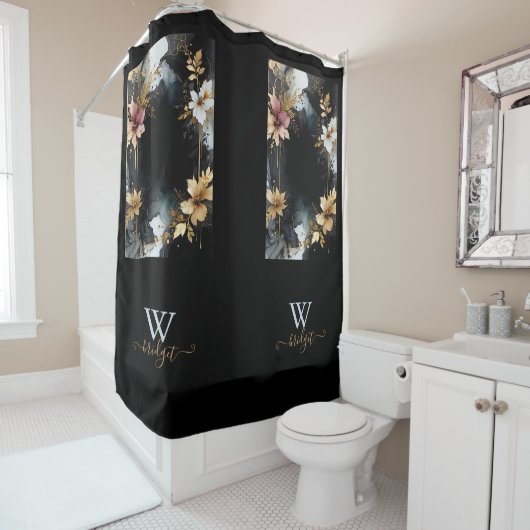 Zwart & Goud Luxe Bloemen Marmeren Swirl Douchegordijn (In situ)