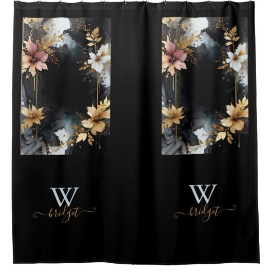 Zwart & Goud Luxe Bloemen Marmeren Swirl Douchegordijn (Voorkant)